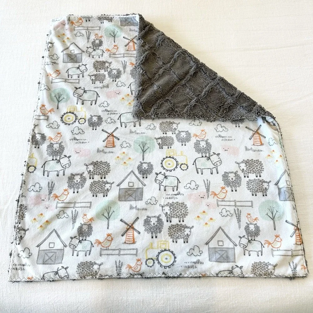 E-I-E-I-O Baby Minky Blanket Steel Dimple Farm Sheep Tractor Cow Hard To Find!